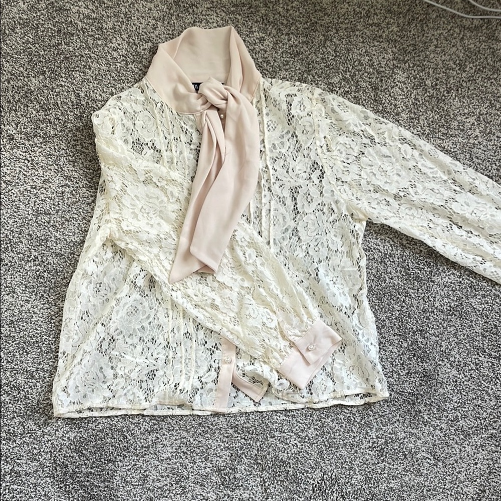 Zara Lace Blouse with Scarf Tie and Pearl Buttons